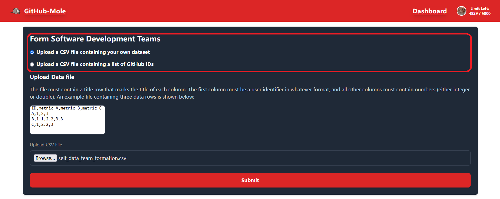 Team Formation Page Screenshot